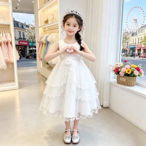 女童白色纱裙连衣裙儿童夏装公主风蓬蓬裙洋气超仙表演裙舞蹈裙子
