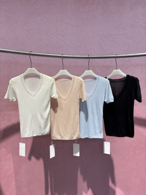 堆堆～天丝！优雅气质V领花边修身显瘦百搭短袖4.20