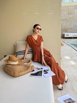 郑沅沅 天丝亚麻 chao气质！V领打褶收腰小衫+长裤套装3.28