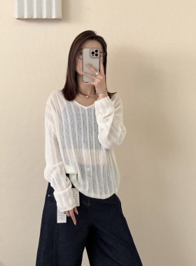 郑沅沅 重工 亚麻！ 韩系V领镂空针织衫3.15衣长58胸围116