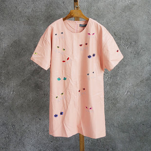 亮片刺绣小蝙蝠落肩袖 甜美潮范 宽松PU皮连衣裙 春秋夏 纤衣姐姐