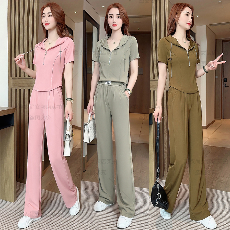 休闲运动服套装女夏2023夏装新款洋气小个子短袖上衣直筒裤两件套