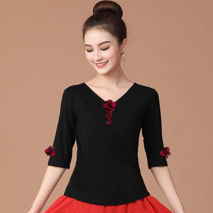 古典舞练功服上衣中袖中国现代舞蹈服立体玫瑰花形体广场舞服装女