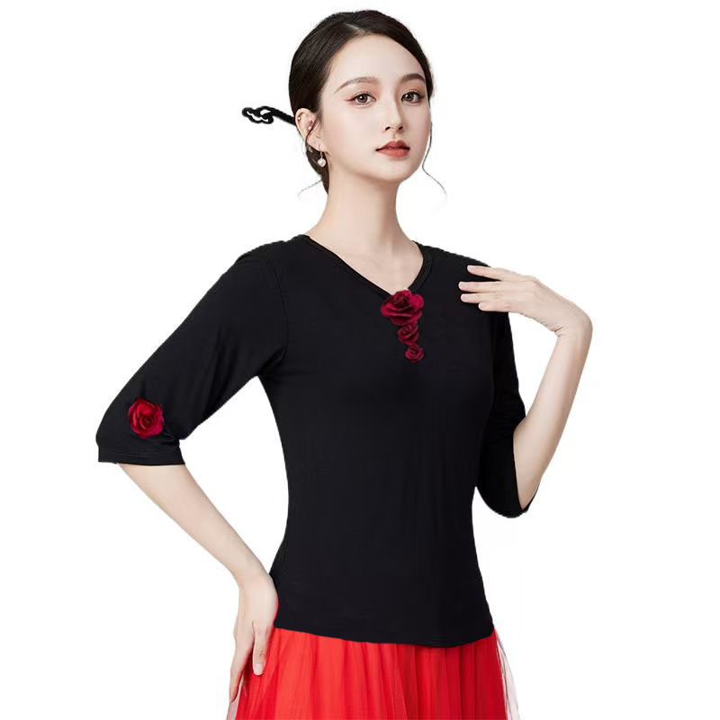 广场舞服装中袖上衣夏天莫代尔棉跳舞服装新款古典舞立体花演出服