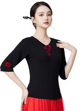 广场舞服装中袖上衣夏天莫代尔棉跳舞服装新款古典舞立体花演出服