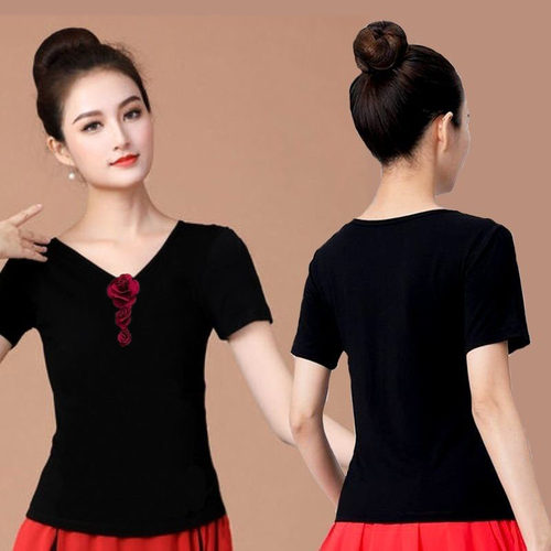 广场舞服装中袖短袖立体花朵上衣女夏莫代尔棉跳舞服装新款演出服