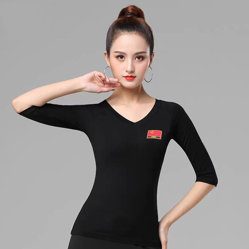 2025广场舞交谊舞跳舞上衣中袖国旗V领插肩袖舞衣莫代尔演出服装