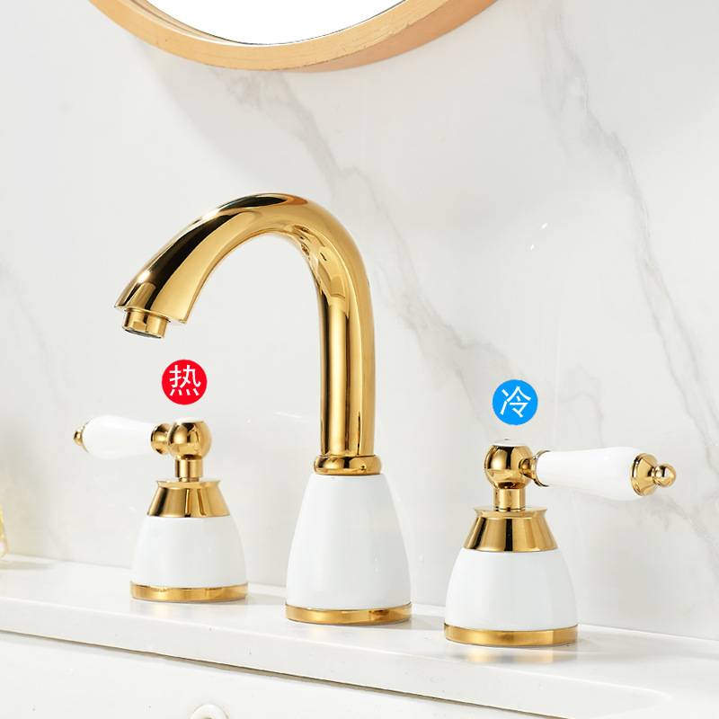 法式面盆冷热水龙头洗手盆台盆浴室柜卫生间三孔金色分体式复古色