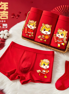 儿童红内裤男童本命年马13红色袜子青少年12岁纯棉平角裤大童男孩
