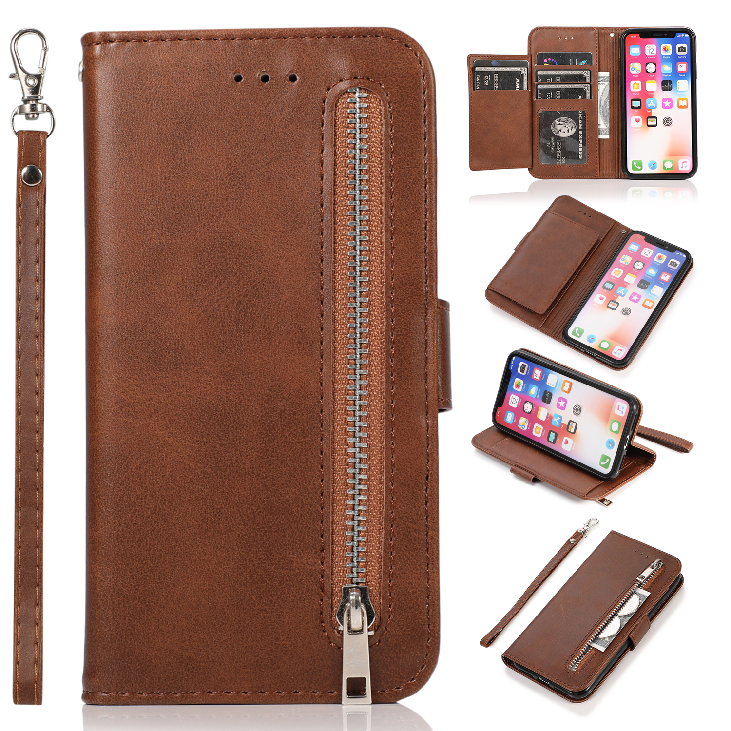 适用苹果14promax皮质插卡皮套