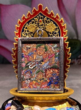 手绘五路财神财宝天团唐卡吊坠