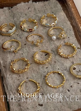 vintage爆闪锆石金色开口戒指合集复古文艺时尚轻奢风高级感手饰