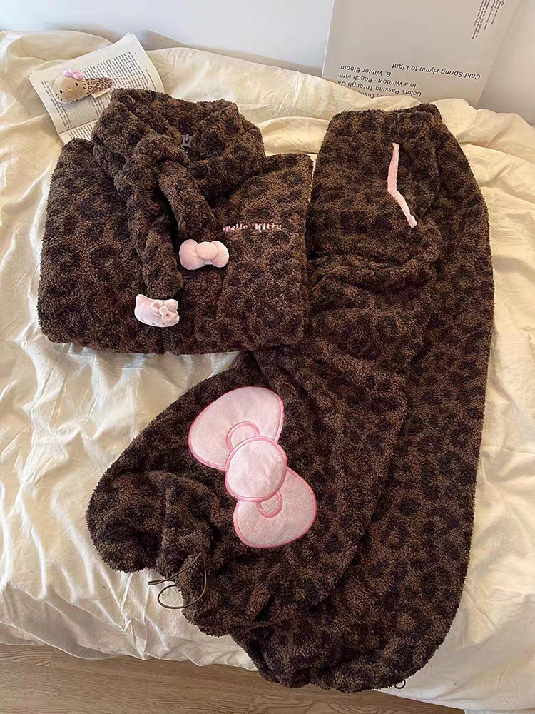 睡衣女学生可爱棕色豹纹kitty冬加厚保暖可外穿家居服珊瑚绒套装