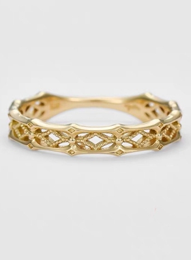 奢华镂空菱形窗花纯银镀金戒指