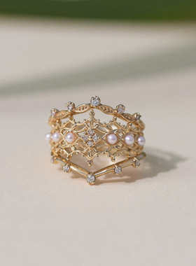 日系轻奢 nojess 限量 雪融花园 珍珠蕾丝 晨露钻石 纯银镀金戒指