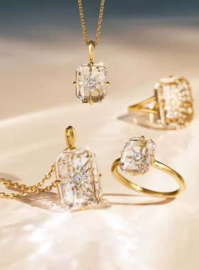 日系轻奢 star天然白水晶 透明光影 星芒 方形 戒指项链