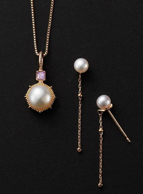 淡水珍珠紫水晶双面佩戴项链耳钉