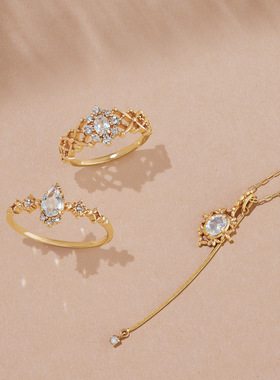 女天然月光石复古镂空蕾丝戒指