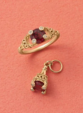 日系轻奢nojess同款 1月限定 天然石榴石 东京铁塔 纯银戒指吊坠