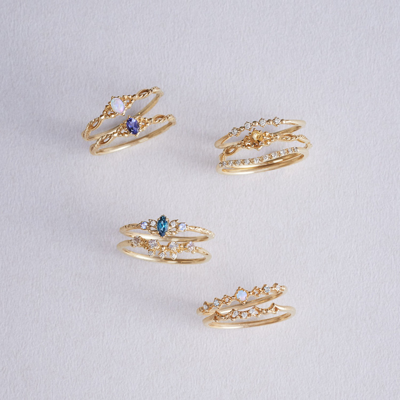 日系轻奢nojess同款 蝴蝶形 彩宝小钻 托帕 堇青石 欧泊 V型戒指