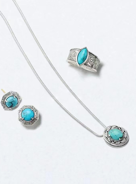 绿松石纯银女复古项链套装