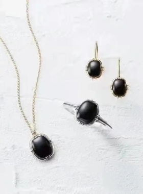 长方形黑玛瑙纯银女做旧项链