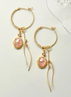 日系轻奢takeup同款 夏日 天然草莓晶 流苏摇曳 三件套 纯银耳环