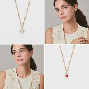 日系轻奢agete同款 红宝石小钻 迷你几何 十字架 纯银项链