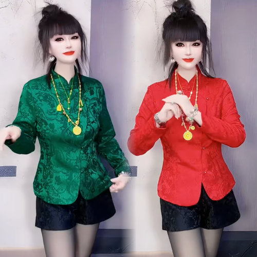 新中式红色国风上衣女提花红小衫