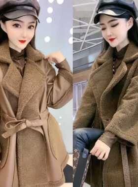 系带皮毛一体双面外套女秋冬季2024新款羊羔毛两面穿中长款大衣潮