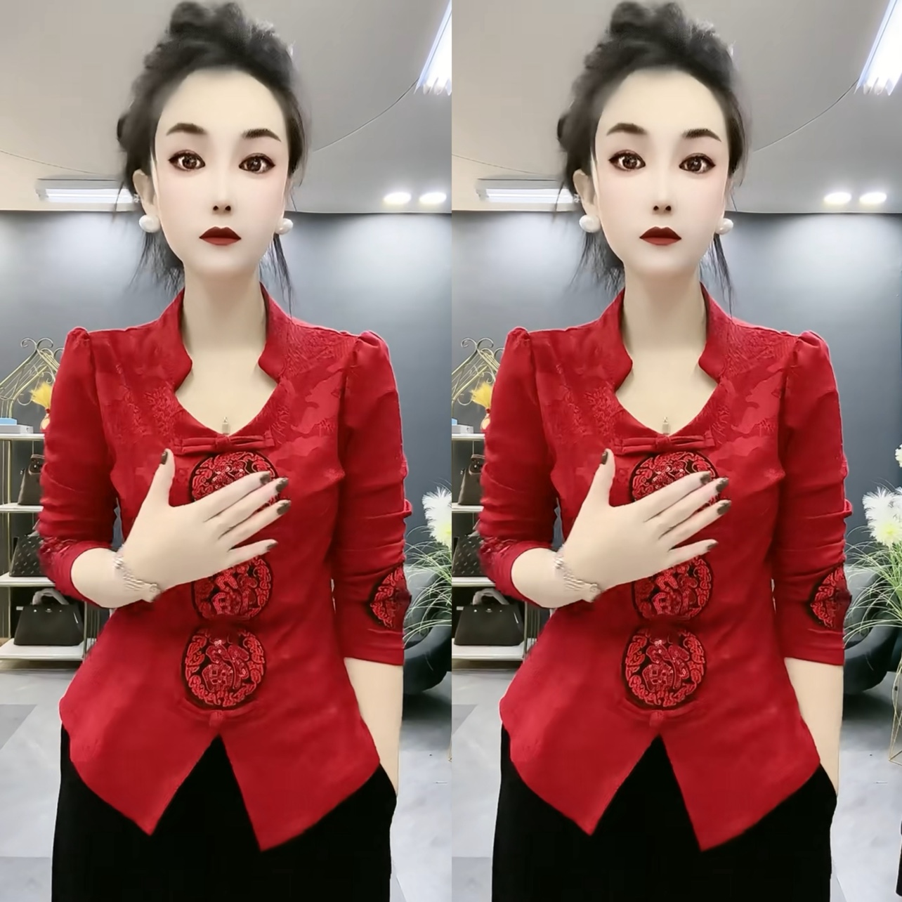 别致绝美红色新中式国风新年上衣
