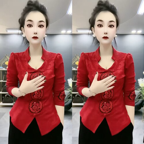 别致绝美红色新中式国风新年上衣