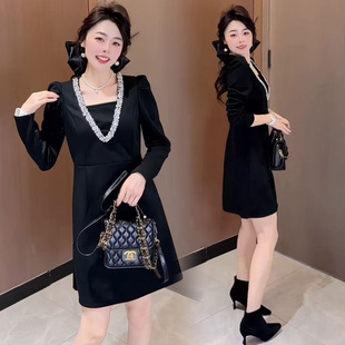初冬巨好看的御姐黑色连衣裙女秋冬特别漂亮掐腰小裙子绝美礼服裙
