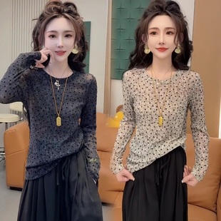 独特漂亮巨好看波点上衣女士高端网纱打底衫ins春季长袖内搭小衫T