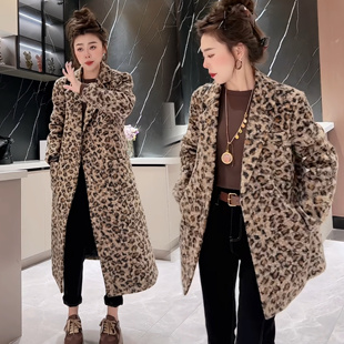 毛呢西装 中长款 高级感豹纹呢子大衣 爆款 粗花呢外套女秋冬2024新款