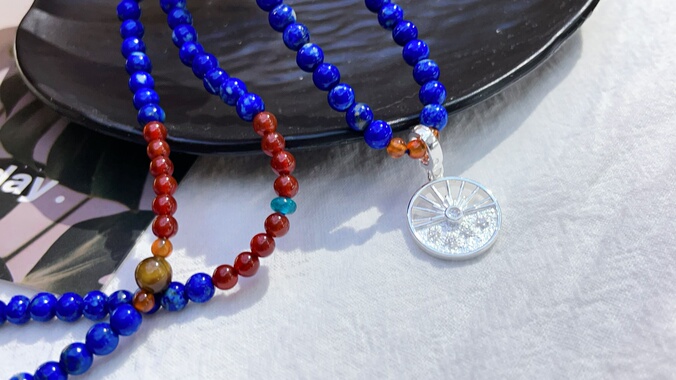 天然青金石红玛瑙项链可拆卸吊坠圆牌星星太阳纯银挂坠