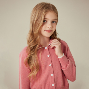 儿童小香风100纯山羊绒开衫娃娃领针织衫秋冬毛线衣女童毛衣外套