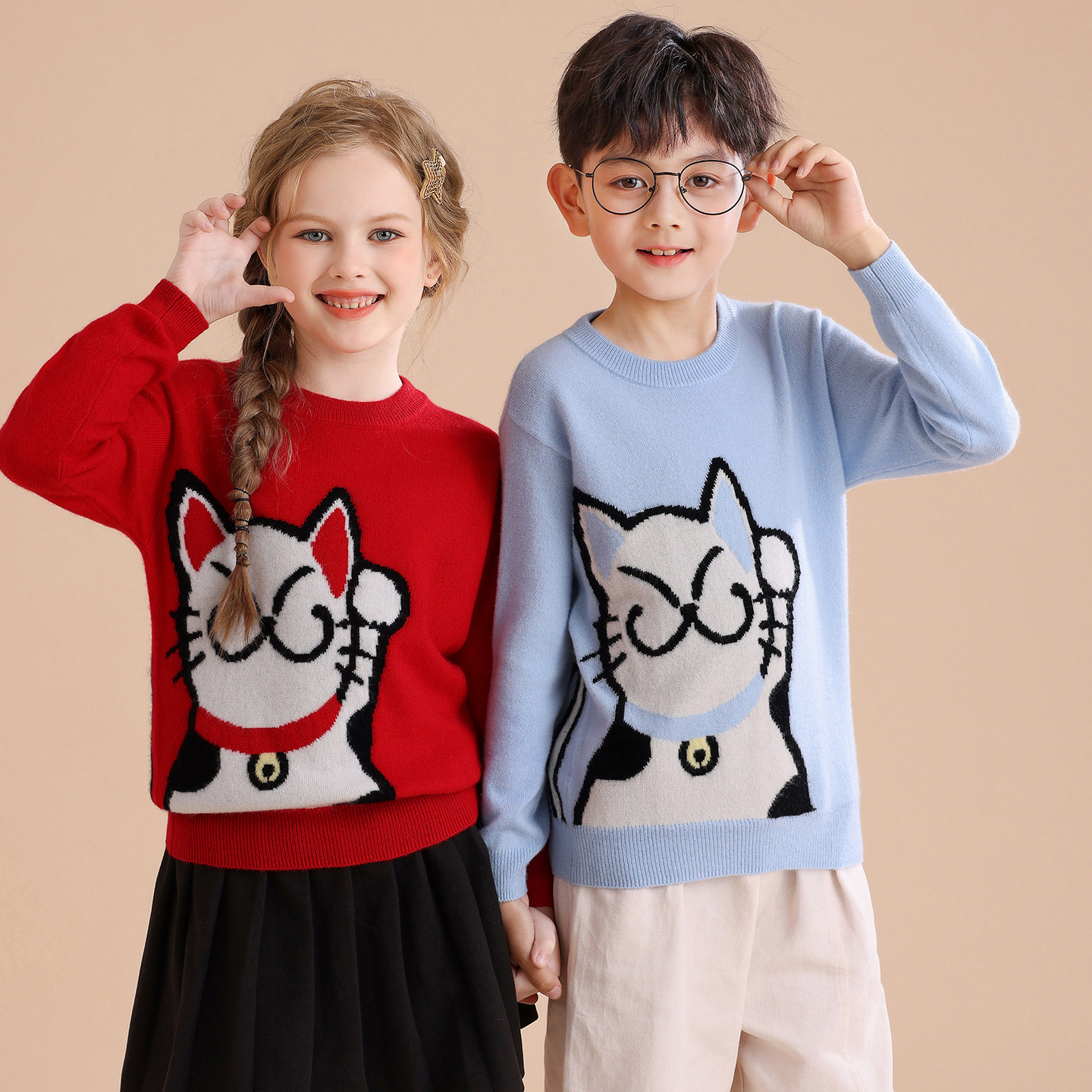 圆领招财猫儿童100纯山羊绒衫男童2025冬季高端针织女童打底毛衣
