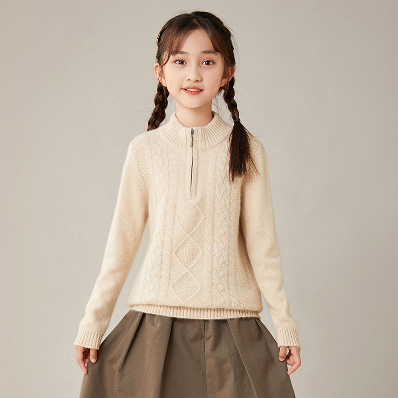 半高领拉链100纯山羊绒衫男女同款儿童装秋冬绞花加厚毛衣打底衫
