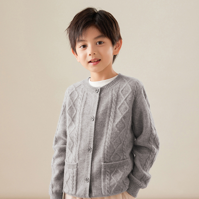 儿童纯山羊绒提花口袋开衫外套