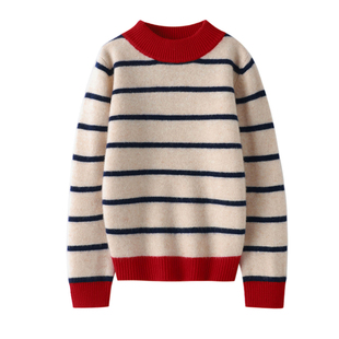 儿童圆领100纯山羊绒衫男童中大童秋冬拼色条纹加厚女童打底毛衣