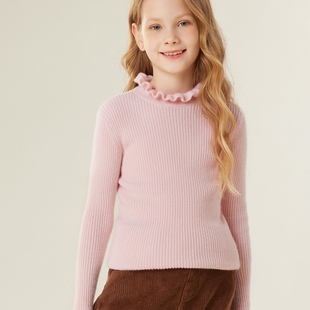 儿童抽条羊绒衫秋冬季高端木耳边女童100纯山羊绒中大童打底毛衣