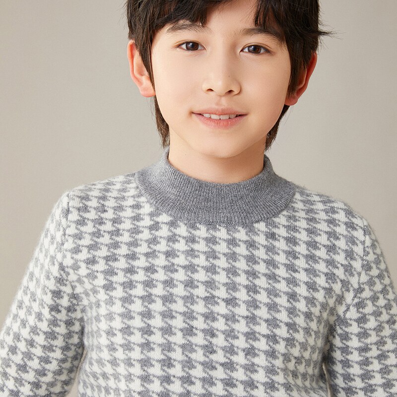 半高领加厚儿童100纯山羊绒衫秋冬新款男童女童拼色提花打底毛衣