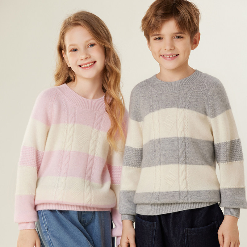 儿童100纯山羊绒衫圆领拼色加厚扭花宝宝套头毛衣秋冬季男童打底