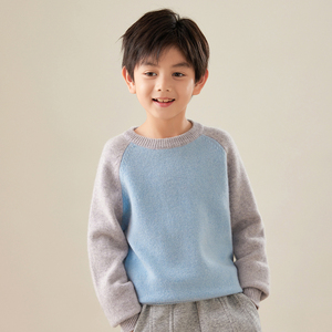 儿童100纯山羊绒衫男童圆领针织高端秋冬拼色中大童女童打底毛衣