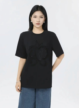 A家专柜正品2025夏季新款休闲蝴蝶绣花短袖圆领T恤530092-42236AV