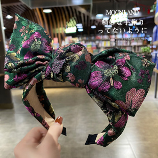 复古高颅顶发饰女法式 典雅渲染抽象印花大蝴蝶结宽边发箍发卡头箍