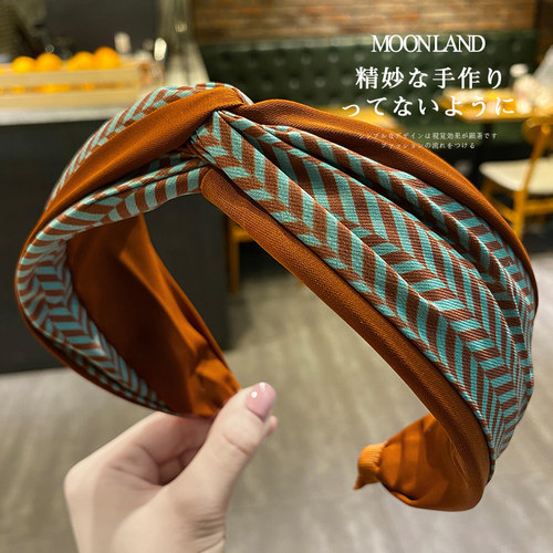 复古法式条纹拼接宽边发箍女发卡