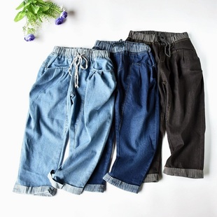 水洗弹力松紧腰翻边牛仔宽松哈伦裤 出日单夏季 韩版 女七分裤 牛仔裤