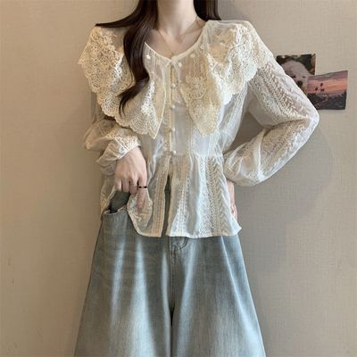 大码法式蕾丝娃娃领雪纺衬衫